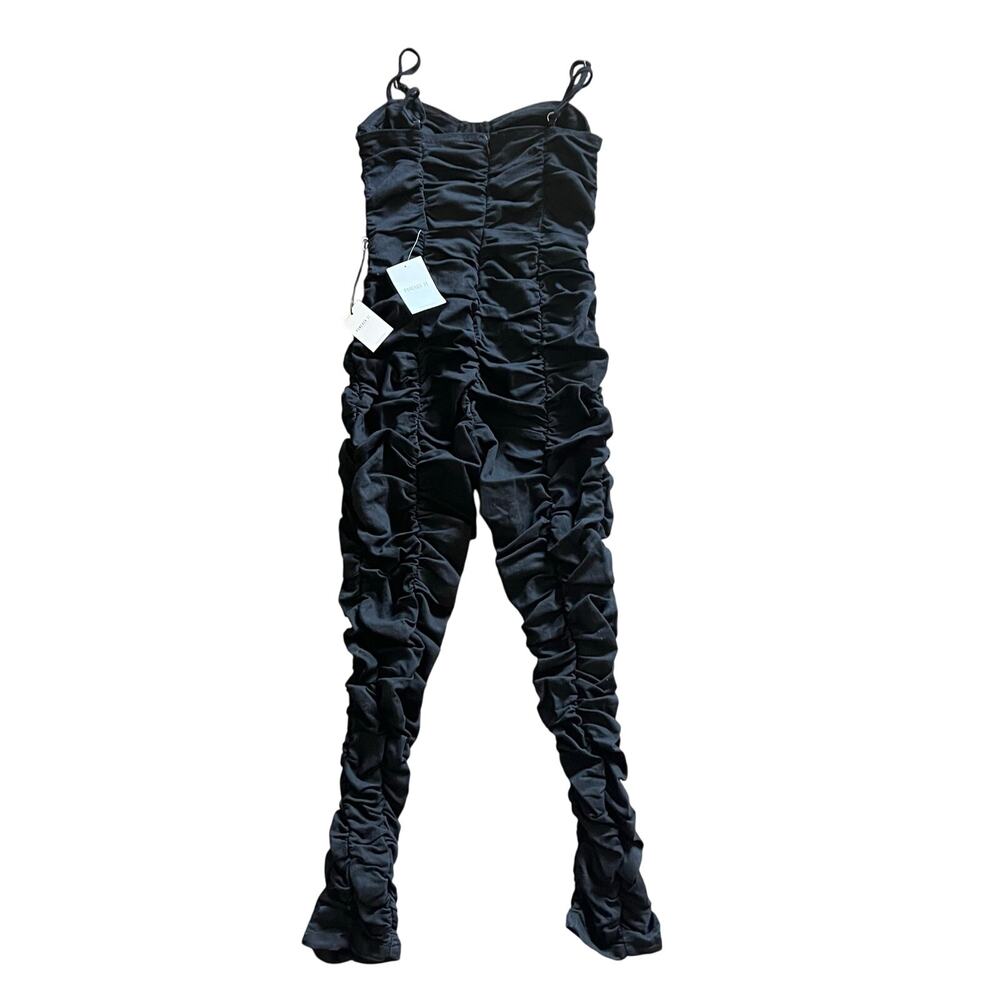 Forever 21 Ruched Jumpsuit Small Black Bustier Sweetheart Ankle Woven Cotton New - Picture 6 of 10